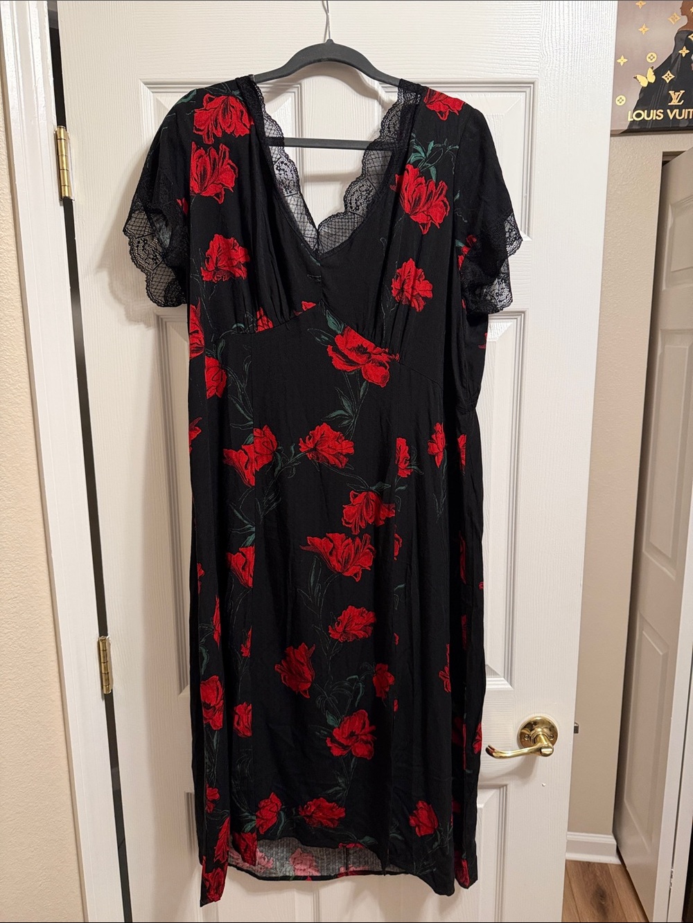Idyllwind Black Dress with Red Floral Print and Lace Trim